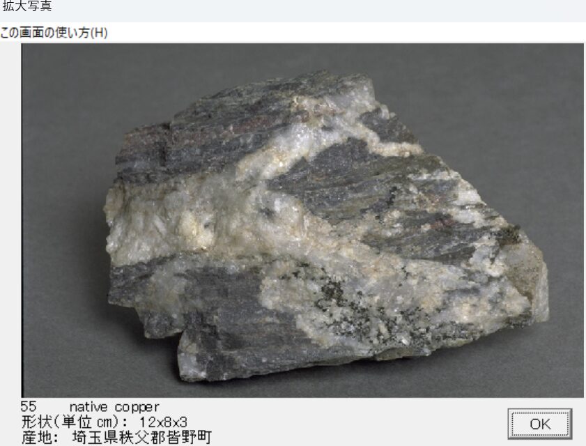 自然銅　埼玉県秩父郡皆野町 　出典：本邦鉱物標本